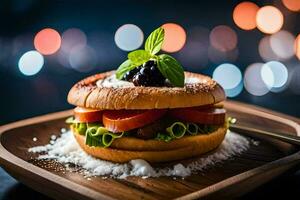 a hamburger with tomatoes and cheese on a wooden plate. AI-Generated photo