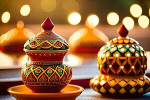 colorful diyas on a table with candles in the background. AI-Generated photo