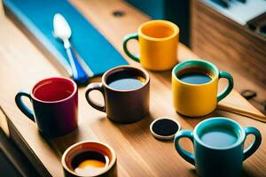 colorful coffee cups on a table. AI-Generated photo