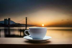 a cup of coffee on a table with a view of the bay bridge. AI-Generated photo