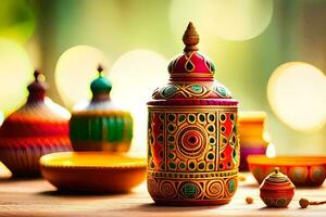 colorful decorative items on a table with a bright background. AI-Generated photo
