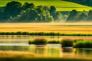 a river with grass and trees in the foreground. AI-Generated photo