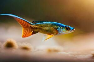 a fish with blue and orange fins swimming in the water. AI-Generated photo