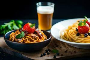 spaghetti with meat and strawberries on a wooden table. AI-Generated photo