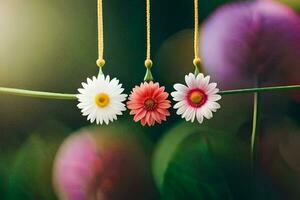 three daisies hanging from a string. AI-Generated photo