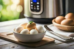 a bowl of eggs next to an instant pot. AI-Generated photo