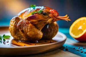 un pollo es sentado en un plato con un naranja rebanada. generado por ai foto