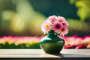 a vase with pink flowers sitting on a table. AI-Generated photo