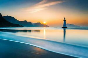 a lighthouse stands on the beach at sunset. AI-Generated photo