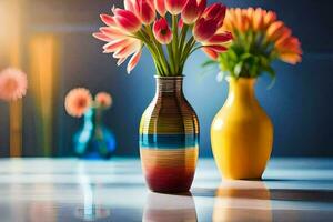 two colorful vases with flowers in them on a table. AI-Generated photo