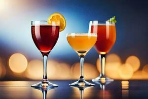 three different types of alcoholic drinks on a table. AI-Generated photo