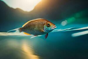 a fish swimming in the water with the sun in the background. AI-Generated photo