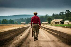a man walking down a dirt road with a cane. AI-Generated photo