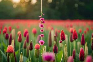 a field of pink flowers with a vine hanging from it. AI-Generated photo