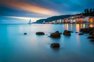 a long exposure photograph of a city at dusk. AI-Generated photo