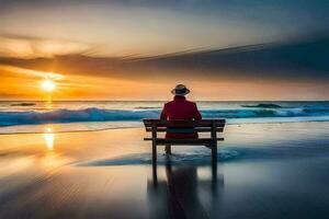 un hombre sentado en un banco a el playa acecho el puesta de sol. generado por ai foto