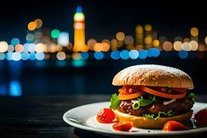 a hamburger on a plate with a cityscape in the background. AI-Generated photo