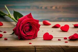 a single red rose on a wooden table with hearts scattered around it. AI-Generated photo