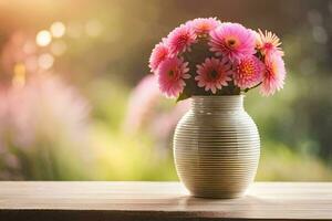 a vase with pink flowers on a table in front of a blurred background. AI-Generated photo