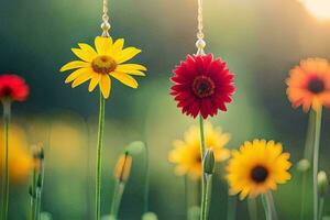 two colorful flowers hanging from a string in a field. AI-Generated photo