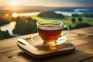 a cup of tea on a wooden table. AI-Generated photo