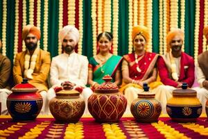 un grupo de indio Boda invitados sentado en frente de ollas. generado por ai foto