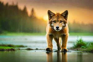 un lobo es caminando a través de un lago a puesta de sol. generado por ai foto