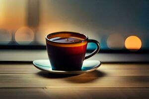 a cup of coffee on a wooden table with a blurred background. AI-Generated photo