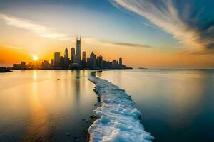 the chicago skyline is reflected in the water at sunset. AI-Generated photo