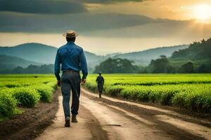 a man walking down a dirt road in a rice field. AI-Generated photo