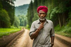 an old man in a turban standing on a dirt road. AI-Generated photo