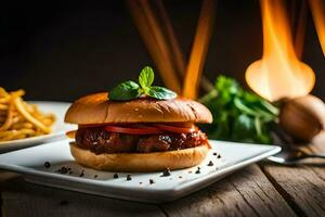 a hamburger with sauce and vegetables on a plate. AI-Generated photo