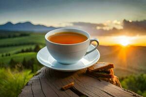 a cup of tea on a wooden table with a view of the sunset. AI-Generated photo