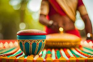 a woman in red sari is holding a colorful pot. AI-Generated photo