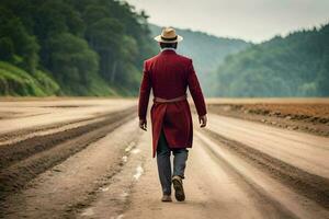 un hombre en un rojo Saco y sombrero caminando abajo un suciedad la carretera. generado por ai foto