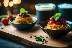 two bowls of pasta with berries and mint. AI-Generated photo