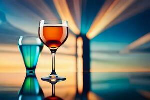 two glasses of wine on a table with a sunset in the background. AI-Generated photo