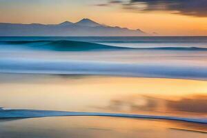 un puesta de sol terminado el Oceano con olas y montañas en el antecedentes. generado por ai foto