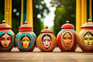 a row of colorful pots with faces painted on them. AI-Generated photo