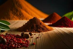 various spices and spices on a wooden table. AI-Generated photo