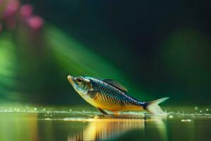 a fish is standing on the water with a green background. AI-Generated photo