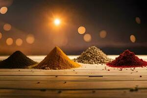 a variety of spices on a wooden table. AI-Generated photo