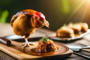 a chicken is standing on a wooden table with food. AI-Generated photo