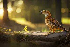 a bird is sitting on a log in the woods. AI-Generated photo