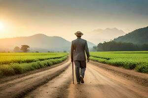 a man in a suit walks down a dirt road in the middle of a field. AI-Generated photo