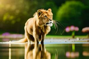 a lion standing in the water with its reflection. AI-Generated photo