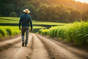 a man in a hat walks down a dirt road. AI-Generated photo