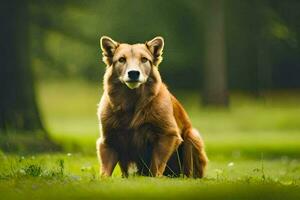 a brown dog sitting in the grass. AI-Generated photo