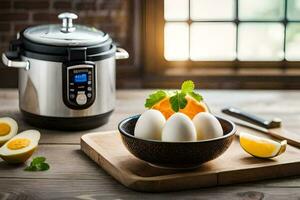 an electric pressure cooker with eggs and an orange. AI-Generated photo
