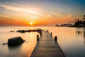 a wooden pier stretches out into the ocean at sunset. AI-Generated photo